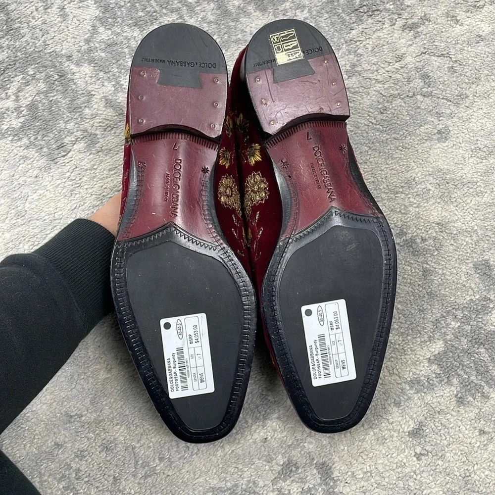 New Dolce & Gabbana Floral Embroidered Sequin Velvet Loafers Red Gold Luxury 7